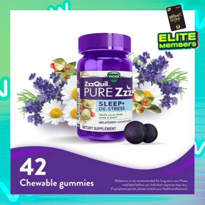ZZZQUIL Pure ZZZs Sleep + De Stress Melatonin Sleep Aid Gummies With Ashwagandha For Stress Support 42s (Expiry: May`2026)