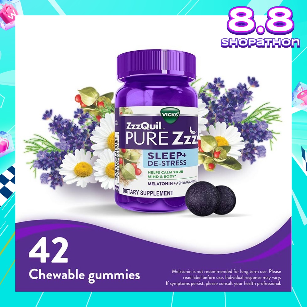 Pure Zzzs Sleep + De Stress Melatonin Sleep Aid Gummies With Ashwagandha For Stress Support 42s