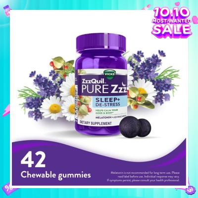 ZZZQUIL Pure ZZZs Sleep + De Stress Melatonin Sleep Aid Gummies With Ashwagandha For Stress Support 42s (Expiry: May`2026)