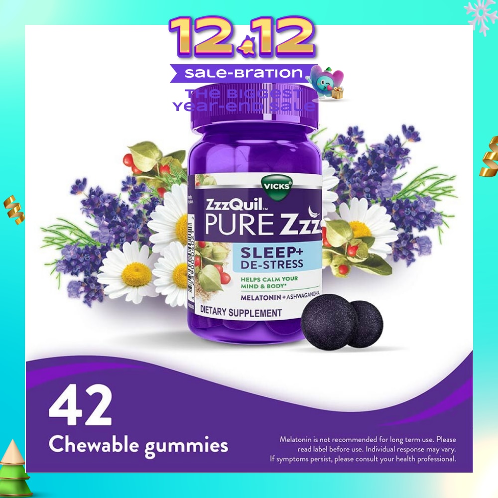 Pure ZZZs Sleep + De Stress Melatonin Sleep Aid Gummies With Ashwagandha For Stress Support 42s (Expiry: May`2026)