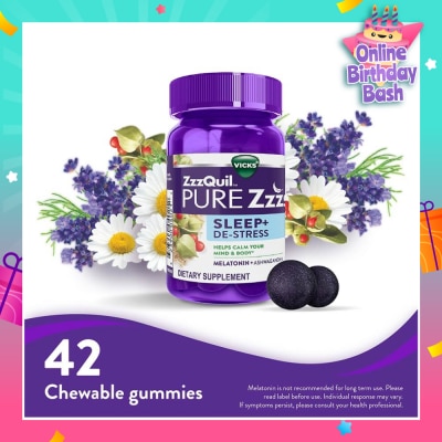ZZZQUIL Pure Zzzs Sleep + De Stress Melatonin Sleep Aid Gummies With Ashwagandha For Stress Support 42s