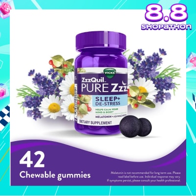 ZZZQUIL Pure Zzzs Sleep + De Stress Melatonin Sleep Aid Gummies With Ashwagandha For Stress Support 42s