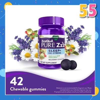 ZZZQUIL Pure Zzzs Sleep + De Stress Melatonin Sleep Aid Gummies With Ashwagandha For Stress Support 42s