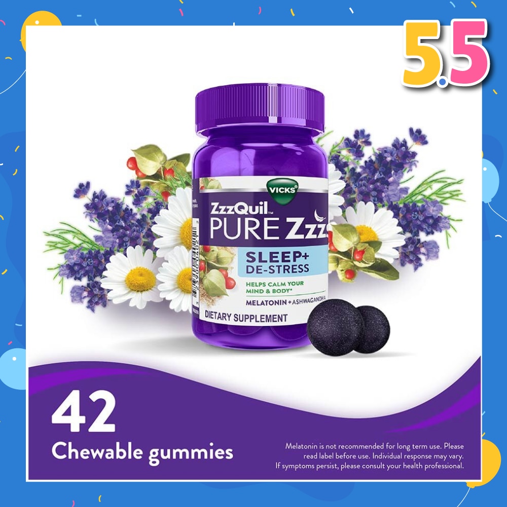 Pure Zzzs Sleep + De Stress Melatonin Sleep Aid Gummies With Ashwagandha For Stress Support 42s