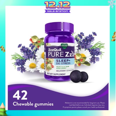 ZZZQUIL Pure ZZZs Sleep + De Stress Melatonin Sleep Aid Gummies With Ashwagandha For Stress Support 42s (Expiry: May`2026)