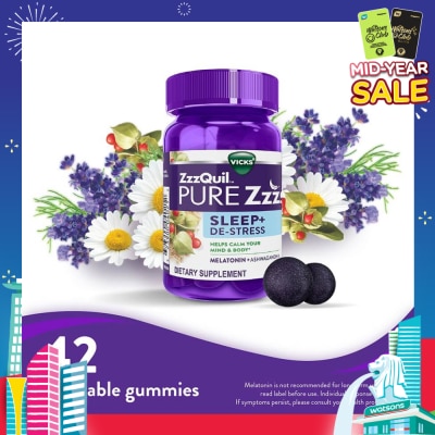 ZZZQUIL Pure Zzzs Sleep + De Stress Melatonin Sleep Aid Gummies With Ashwagandha For Stress Support 42s