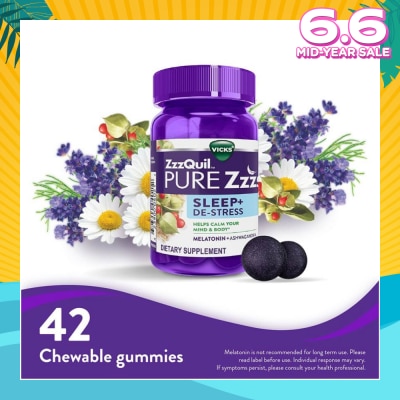 ZZZQUIL Pure Zzzs Sleep + De Stress Melatonin Sleep Aid Gummies With Ashwagandha For Stress Support 42s
