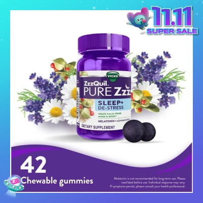 ZZZQUIL Pure ZZZs Sleep + De Stress Melatonin Sleep Aid Gummies With Ashwagandha For Stress Support 42s (Expiry: Aug`2026)