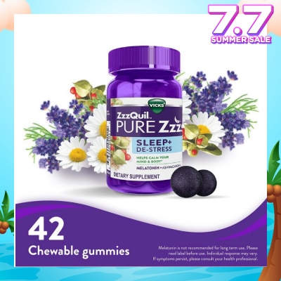 ZZZQUIL Pure Zzzs Sleep + De Stress Melatonin Sleep Aid Gummies With Ashwagandha For Stress Support 42s