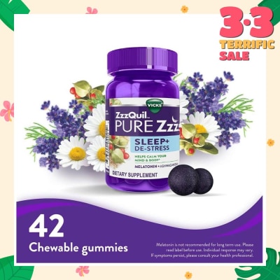 ZZZQUIL Pure Zzzs Sleep + De Stress Melatonin Sleep Aid Gummies With Ashwagandha For Stress Support 42s