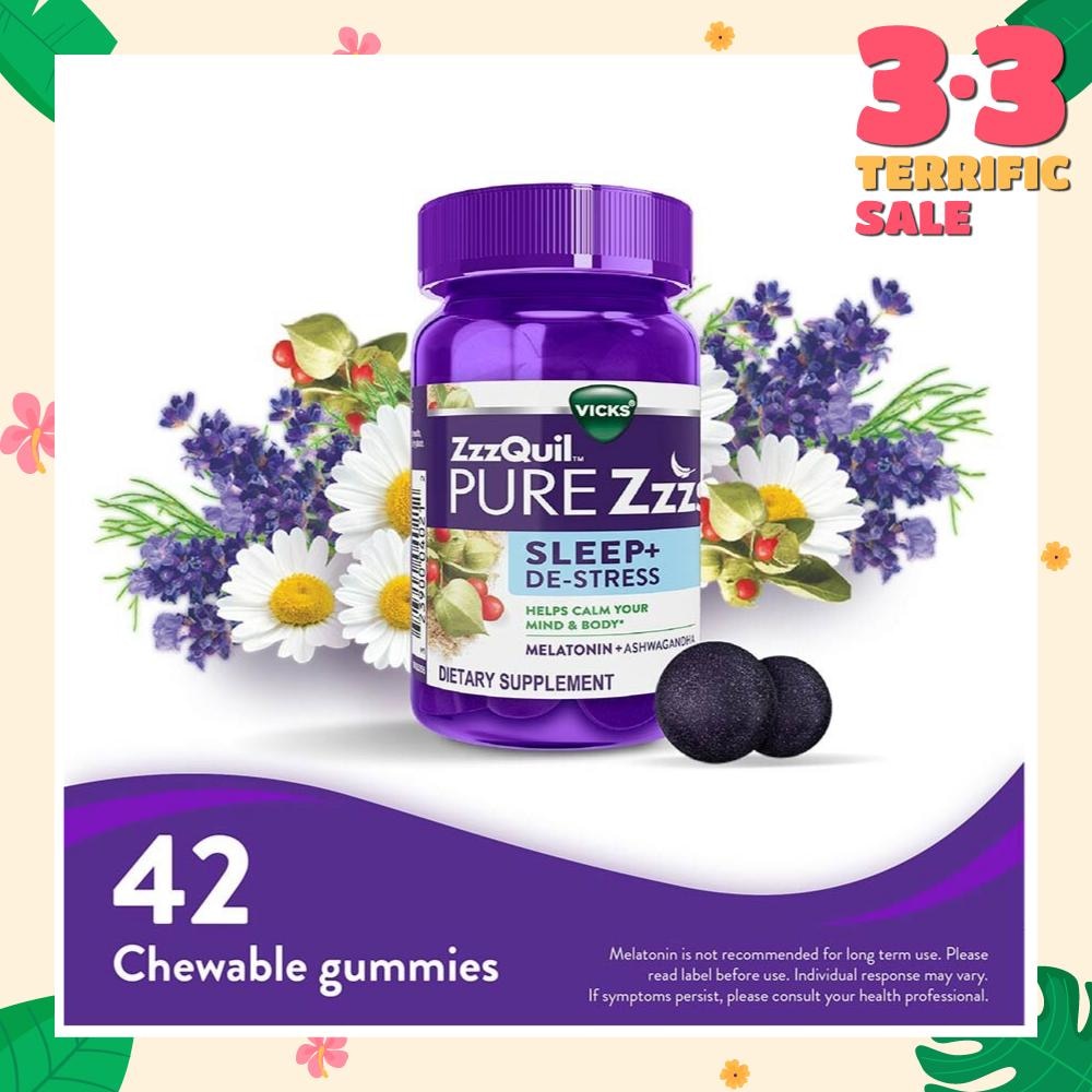 Pure Zzzs Sleep + De Stress Melatonin Sleep Aid Gummies With Ashwagandha For Stress Support 42s