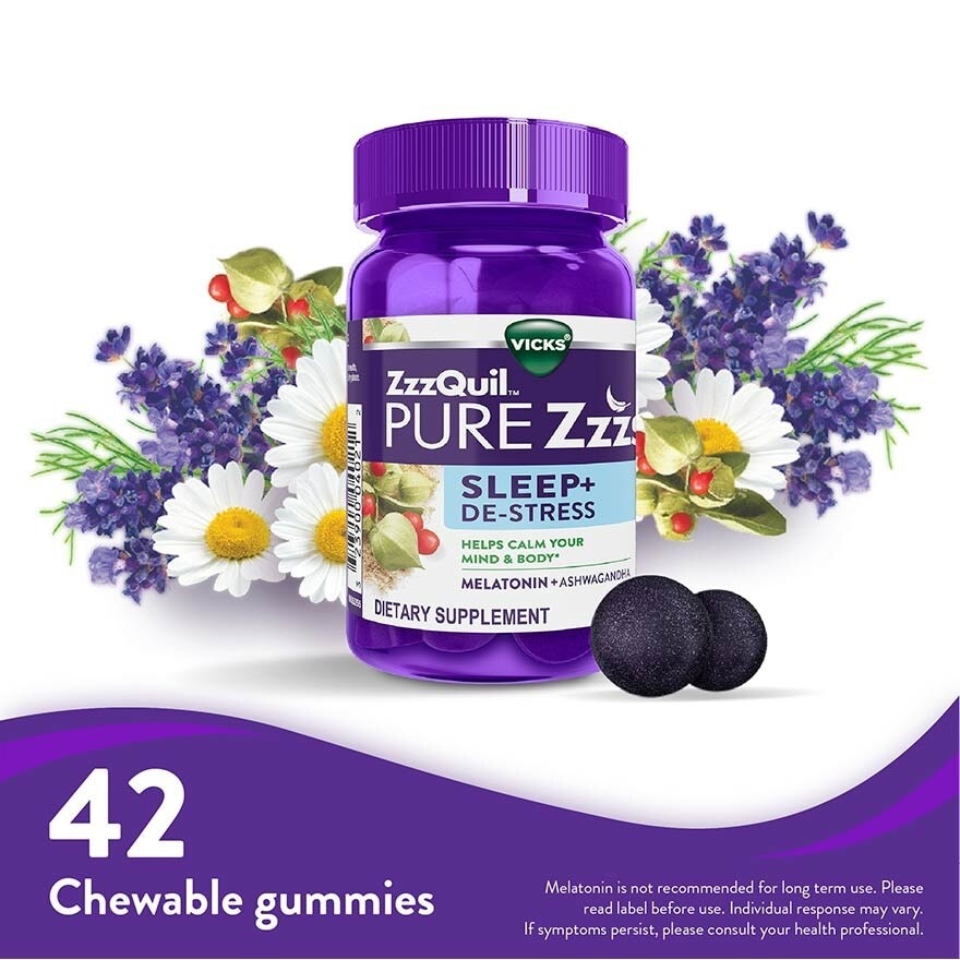 Pure Zzzs Sleep + De Stress Melatonin Sleep Aid Gummies With Ashwagandha For Stress Support 42s