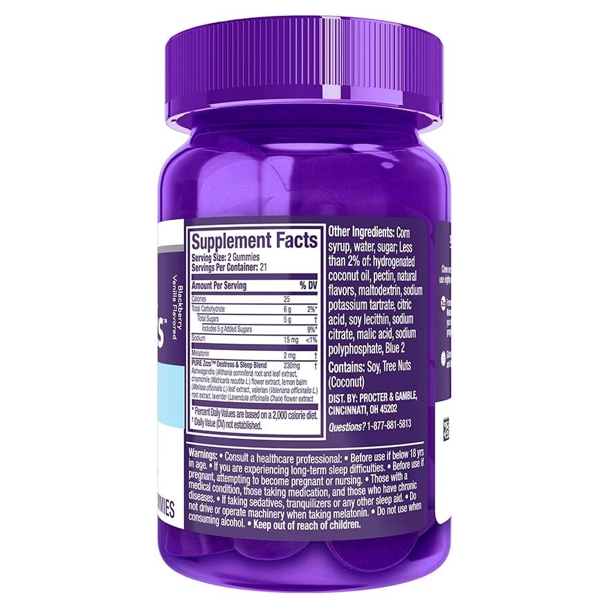 Pure Zzzs Sleep + De Stress Melatonin Sleep Aid Gummies With Ashwagandha For Stress Support 42s