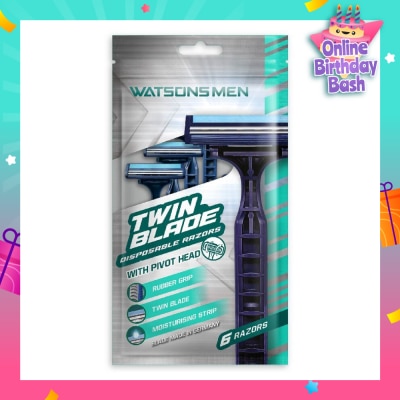 WATSONS Men Twin Blade Disposable Razors With Pivot Head (Rubber Grip, Moisturising Strip) 6s