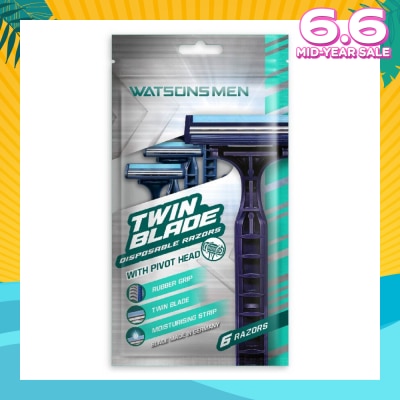 WATSONS Men Twin Blade Disposable Razors With Pivot Head (Rubber Grip, Moisturising Strip) 6s
