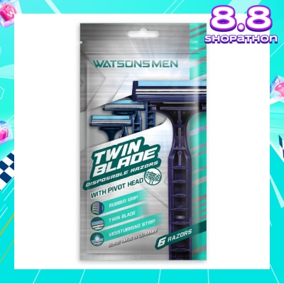 WATSONS Men Twin Blade Disposable Razors With Pivot Head (Rubber Grip, Moisturising Strip) 6s