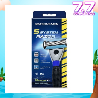 WATSONS Men 5 System Razor (Close Shave, Moisturising Strip For Sensitive Skin) 1 Handle + 2 Cartridges, Hanger Inclusive