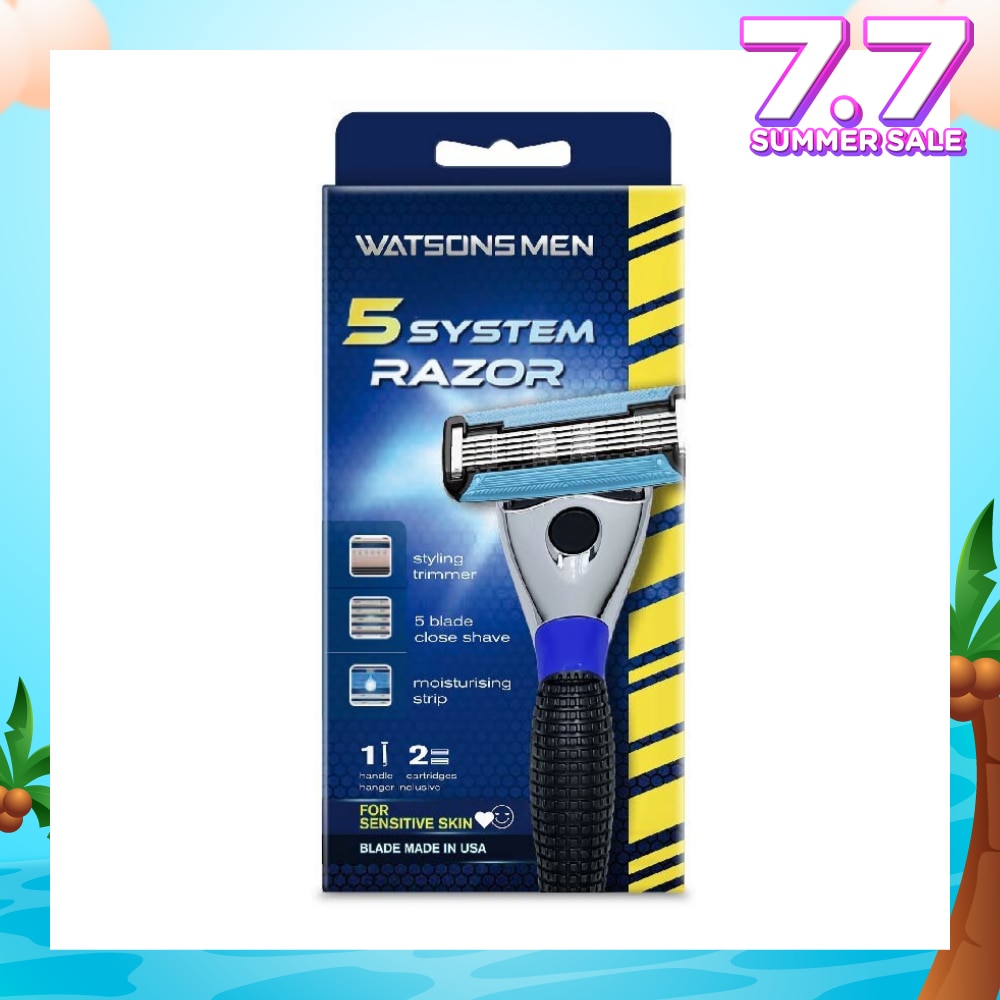 Men 5 System Razor (Close Shave, Moisturising Strip For Sensitive Skin) 1 Handle + 2 Cartridges, Hanger Inclusive