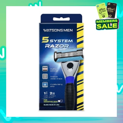 WATSONS Men 5 System Razor (Close Shave, Moisturising Strip For Sensitive Skin) 1 Handle + 2 Cartridges, Hanger Inclusive
