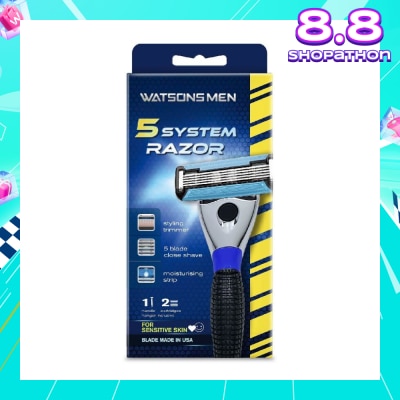 WATSONS Men 5 System Razor (Close Shave, Moisturising Strip For Sensitive Skin) 1 Handle + 2 Cartridges, Hanger Inclusive