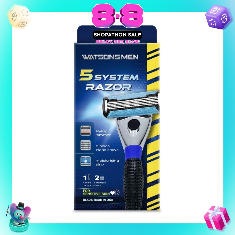 Men 5 System Razor (Close Shave, Moisturising Strip For Sensitive Skin) 1 Handle + 2 Cartridges, Hanger Inclusive