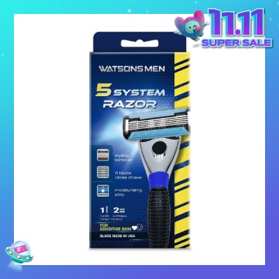 WATSONS Men 5 System Razor (Close Shave, Moisturising Strip For Sensitive Skin) 1 Handle + 2 Cartridges, Hanger Inclusive