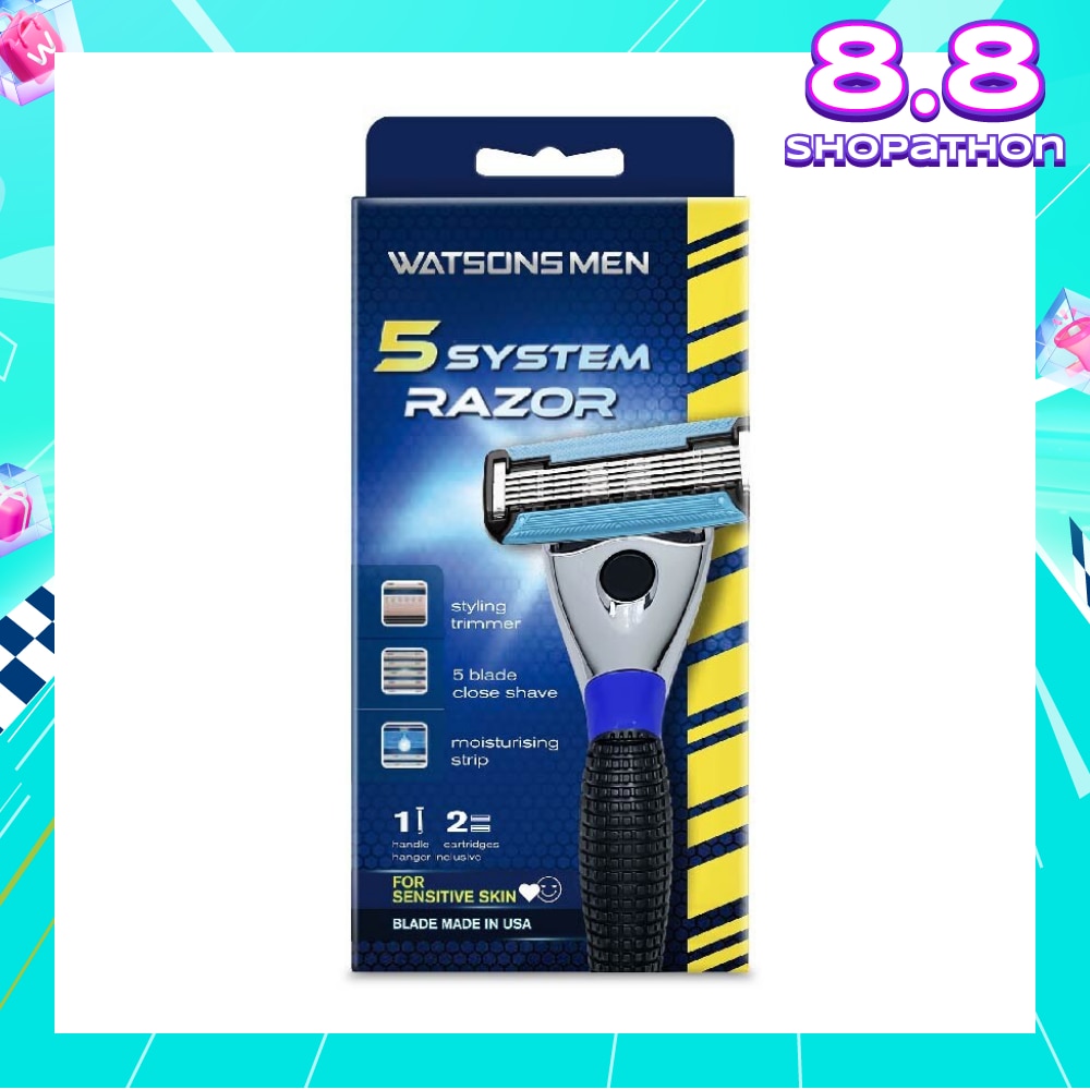Men 5 System Razor (Close Shave, Moisturising Strip For Sensitive Skin) 1 Handle + 2 Cartridges, Hanger Inclusive