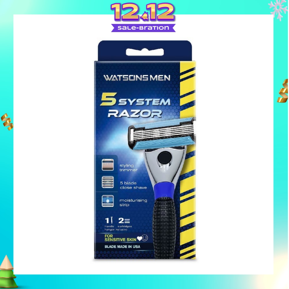 Men 5 System Razor (Close Shave, Moisturising Strip For Sensitive Skin) 1 Handle + 2 Cartridges, Hanger Inclusive