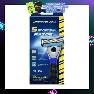 WATSONS Men 5 System Razor (Close Shave, Moisturising Strip For Sensitive Skin) 1 Handle + 2 Cartridges, Hanger Inclusive