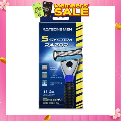 WATSONS Men 5 System Razor (Close Shave, Moisturising Strip For Sensitive Skin) 1 Handle + 2 Cartridges, Hanger Inclusive