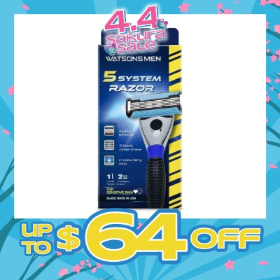 WATSONS - Men 5 System Razor (Close Shave, Moisturising Strip For Sensitive Skin) 1 Handle + 2 Cartridges, Hanger Inclusive