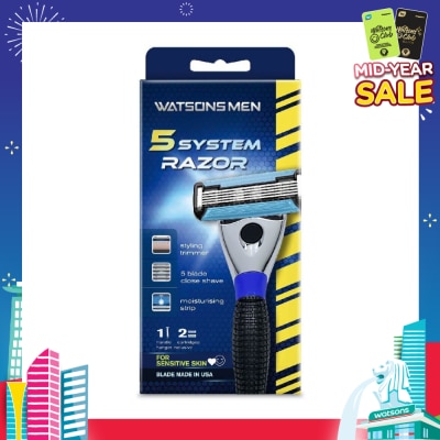 WATSONS Men 5 System Razor (Close Shave, Moisturising Strip For Sensitive Skin) 1 Handle + 2 Cartridges, Hanger Inclusive