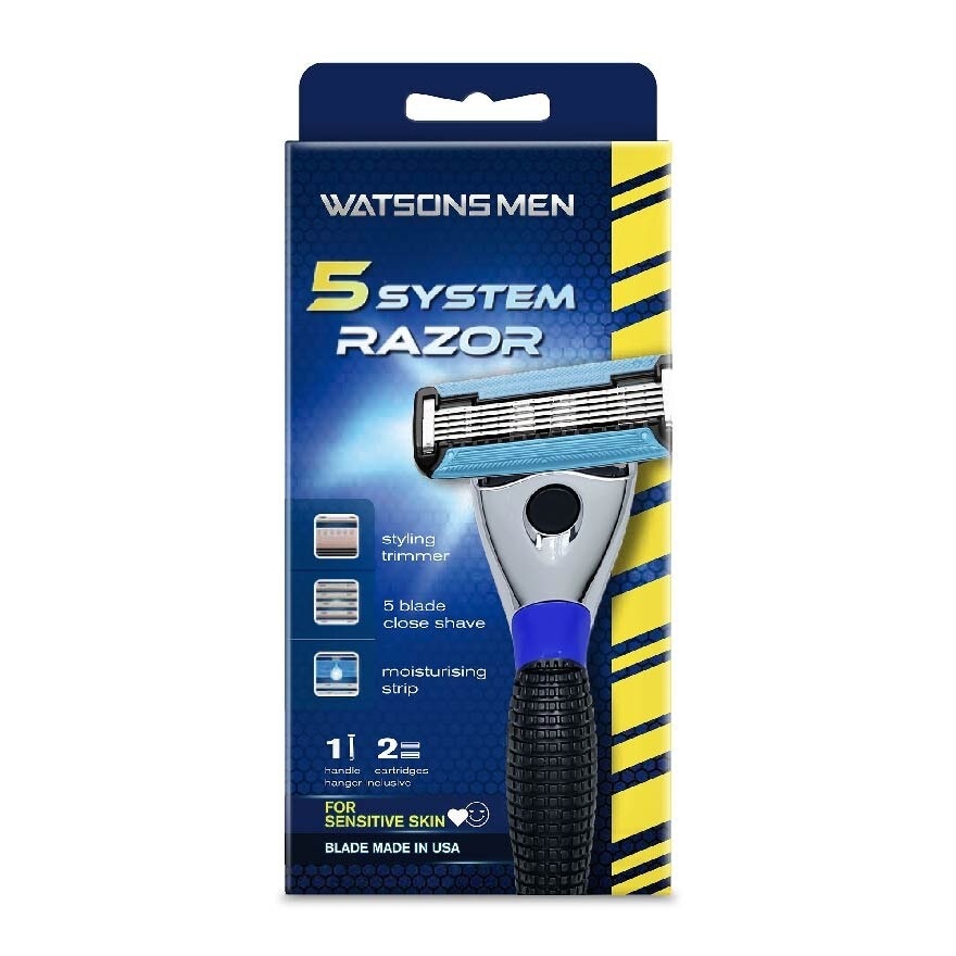 Men 5 System Razor (Close Shave, Moisturising Strip For Sensitive Skin) 1 Handle + 2 Cartridges, Hanger Inclusive