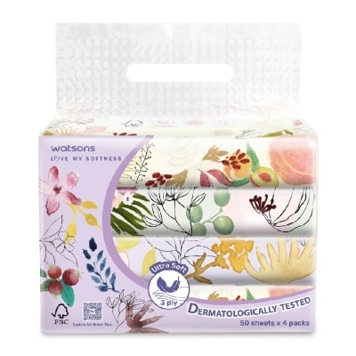 WATSONS X Flower Velvety Soft Travel Tissue (Strong And Absorbent, Dermatologically Tested) 3 Ply 50s X 4s