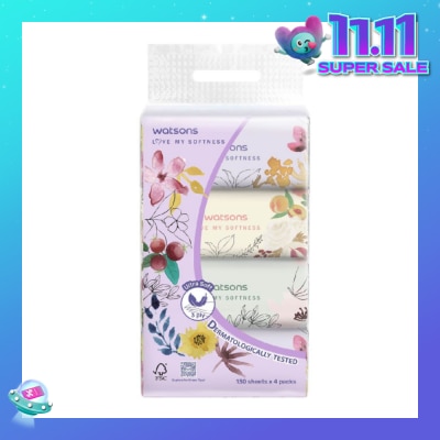 WATSONS X-Flower 3ply Velvety Soft Travel Tissue (Strong and Absorbent, Dermatologically Tested) 130s x 4 Packs