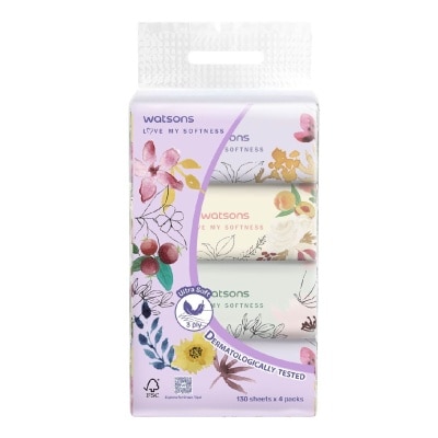 WATSONS X-Flower 3ply Velvety Soft Travel Tissue (Strong and Absorbent, Dermatologically Tested) 130s x 4 Packs