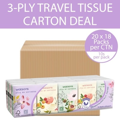 WATSONS X-Flower 3ply Velvety Soft Mini Hankies (Ultra Soft, Dermatologically Tested) 10s x 20packs x 18 (Per Carton)