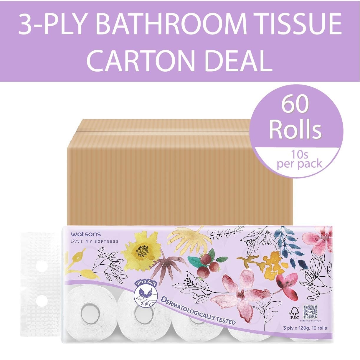 X-Flower 3ply Bathroom Tissues (Ultra-soft, Dermatologically Tested) 120g x 10 rolls x 6 (Per Carton)