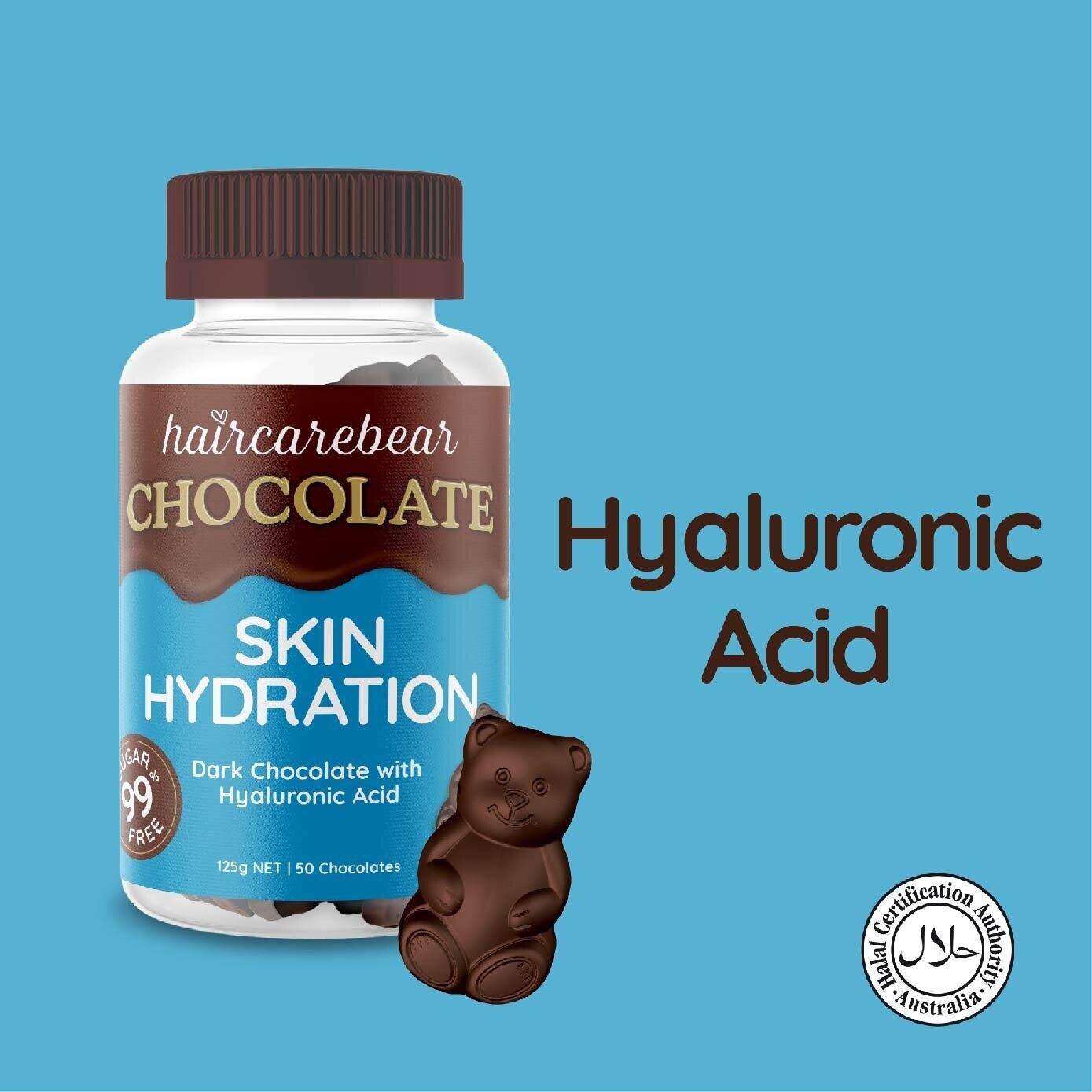 Skin Hydration Gummies Hyaluronic Acid 99% Sugar Free Dark Chocolate (For Boost Your Skin) 50s