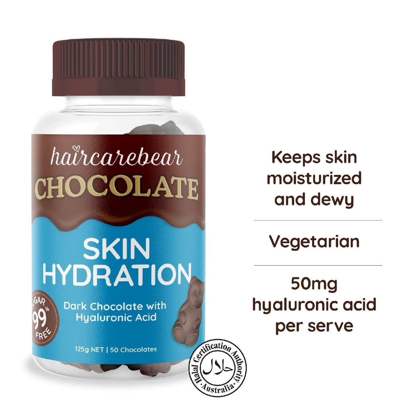 Skin Hydration Gummies Hyaluronic Acid 99% Sugar Free Dark Chocolate (For Boost Your Skin) 50s