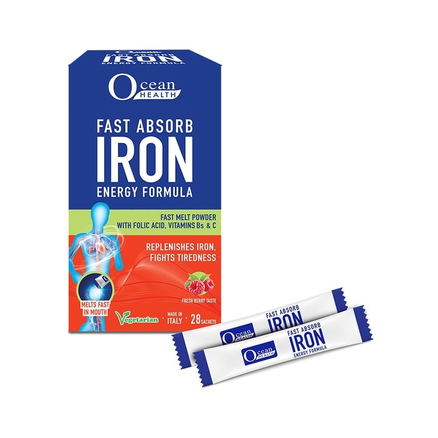 Fast Absorb Iron Energy Formula Sachet (Replenishes Iron, Fights Tiredness + With Folic Acid, Vit Bs & Vit C + Fast Melt Powder Sachet + Vegetarian) 28s