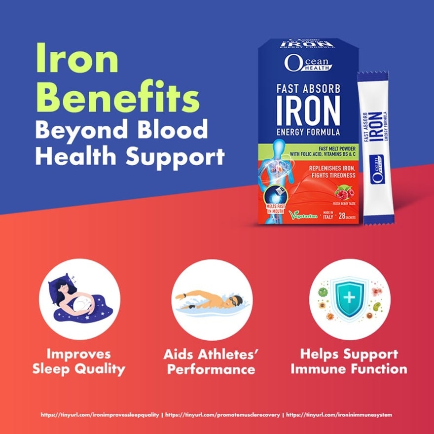 Fast Absorb Iron Energy Formula Sachet (Replenishes Iron, Fights Tiredness + With Folic Acid, Vit Bs & Vit C + Fast Melt Powder Sachet + Vegetarian) 28s