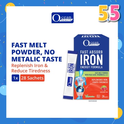 OCEAN HEALTH Fast Absorb Iron Energy Formula Sachet (Replenishes Iron, Fights Tiredness + With Folic Acid, Vit Bs & Vit C + Fast Melt Powder Sachet + Vegetarian) 28s