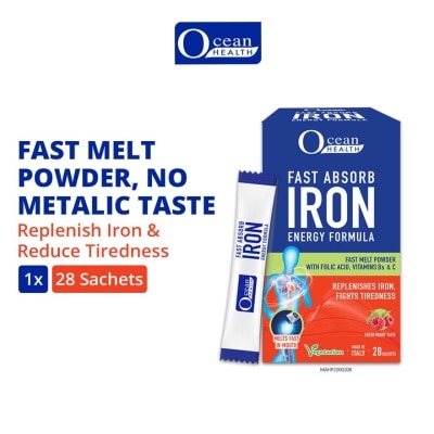 OCEAN HEALTH Fast Absorb Iron Energy Formula Sachet (Replenishes Iron, Fights Tiredness + With Folic Acid, Vit Bs & Vit C + Fast Melt Powder Sachet + Vegetarian) 28s