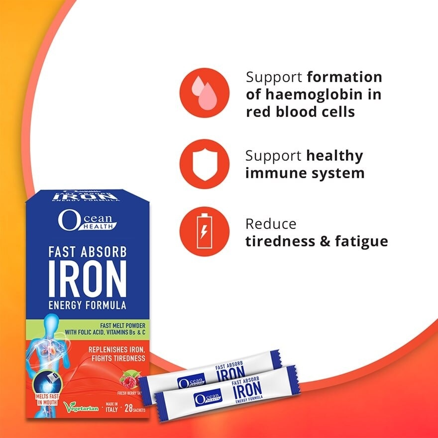 Fast Absorb Iron Energy Formula Sachet (Replenishes Iron, Fights Tiredness + With Folic Acid, Vit Bs & Vit C + Fast Melt Powder Sachet + Vegetarian) 28s