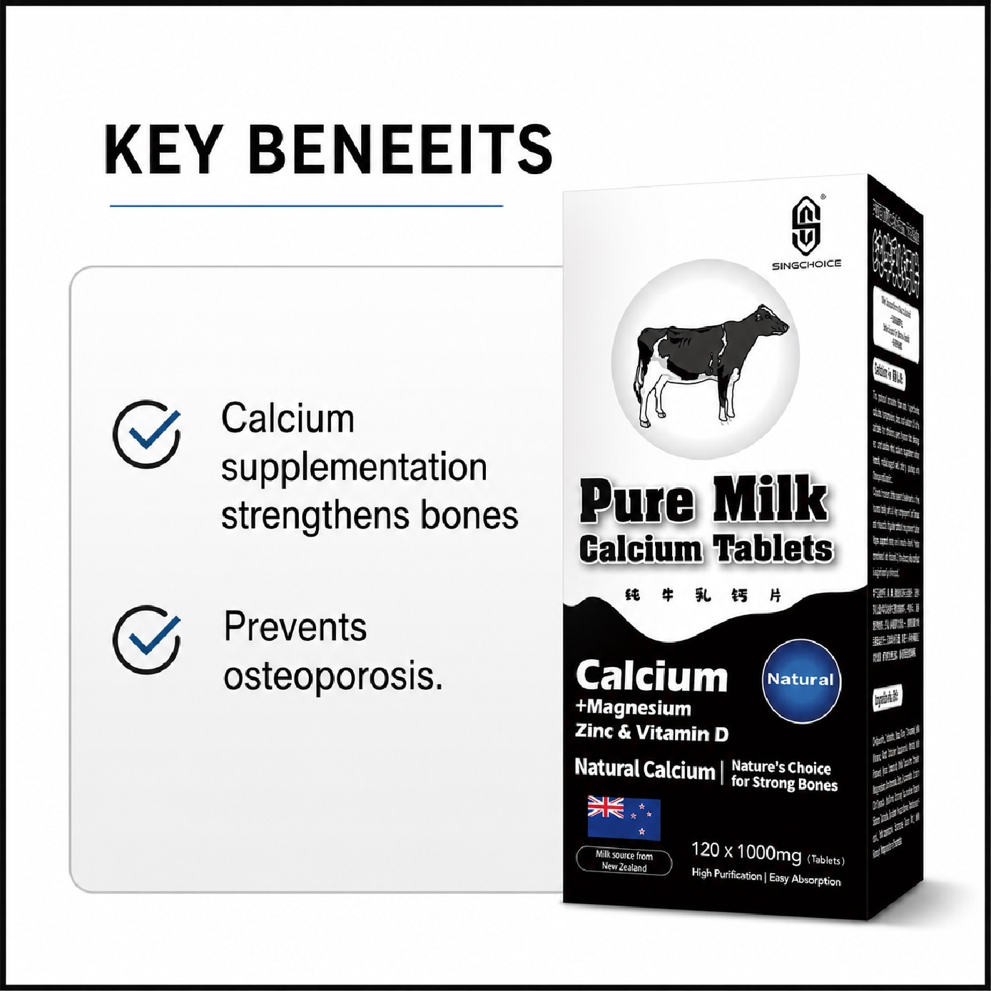 Pure Milk Calcium for Bone Strength & Bone Density Support Tablet 120s image