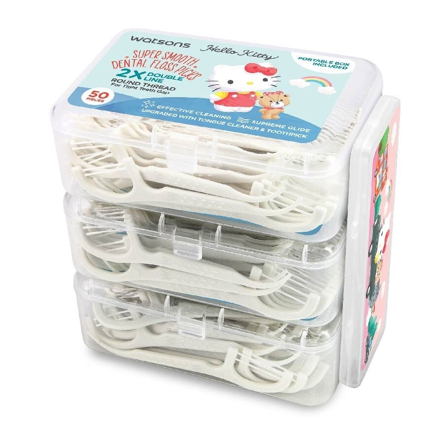 Hello Kitty Super Smooth Dental Floss Picks (2X Double Line Round Thread For Tight Teeth Gap, Upgraded With Tongue Cleaner And Toothpick) 50s x 3