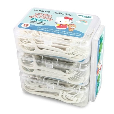 WATSONS Hello Kitty Super Smooth Dental Floss Picks (2X Double Line Round Thread For Tight Teeth Gap, Upgraded With Tongue Cleaner And Toothpick) 50s x 3