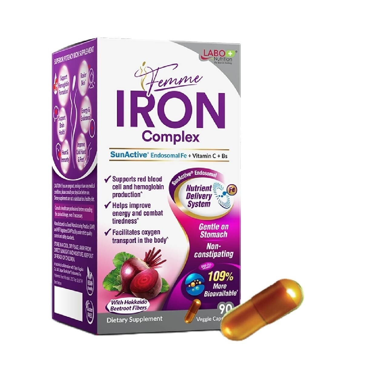 Femme Iron Complex Dietary Supplement Veggie Capsule (Gentle on Stomach + No Constipation + Vegan + Boost Energy & Immunity) 90s