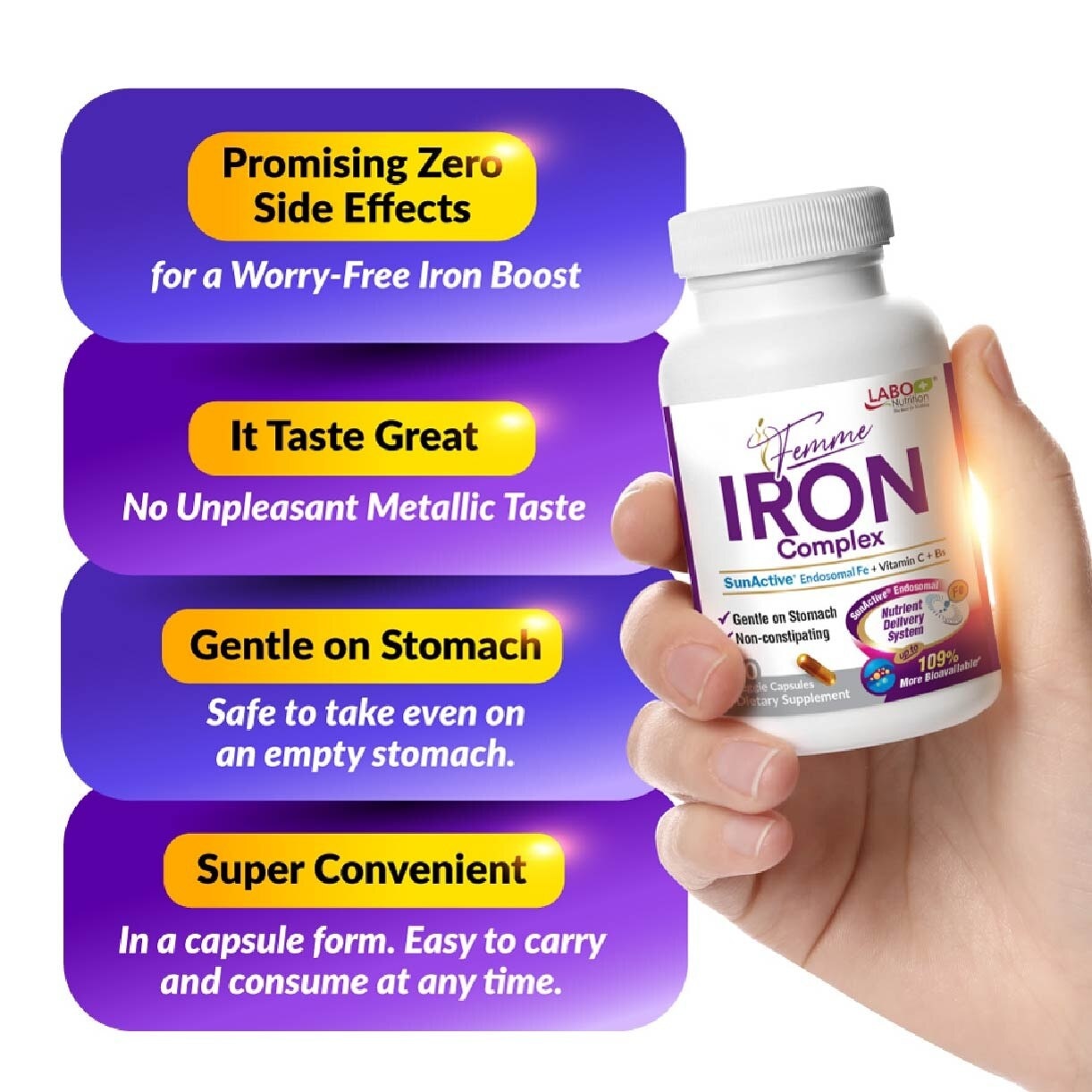 Femme Iron Complex Dietary Supplement Veggie Capsule (Gentle on Stomach + No Constipation + Vegan + Boost Energy & Immunity) 90s